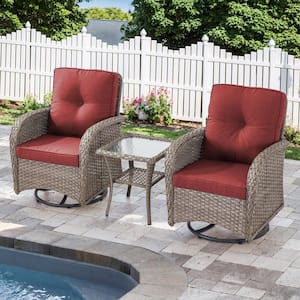 Carlos Gray 3-Piece Steel Outdoor Swivel Glider Wicker Patio Conversation Deep Seating Set with Red Cushions