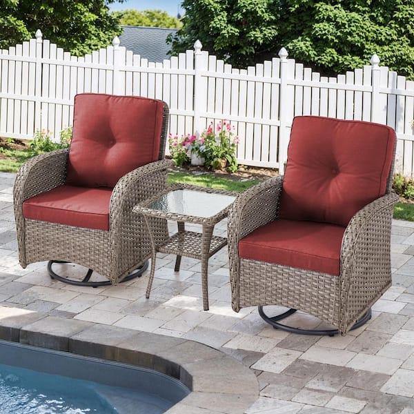 Gymojoy Carlos Gray 3-Piece Steel Outdoor Swivel Glider Wicker Patio Conversation Deep Seating Set with Red Cushions