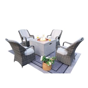 Vivian 5-Pieces Rock and Fiberglass Fire Pit Table with 4 Wicker Chairs with Gray Cushions