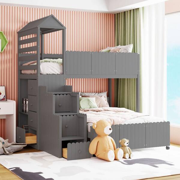 GOJANE Gray Twin Over Full House Stairway Bunk Bed With 2 Shelves And 7 ...