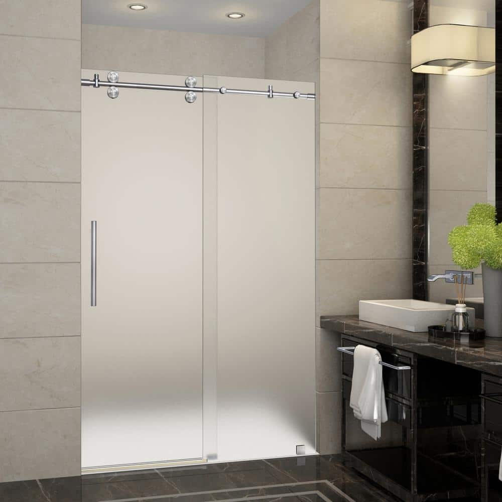 Langham 48" Frameless Sliding Shower Door with Frosted Glass and Stainless Steel Frame