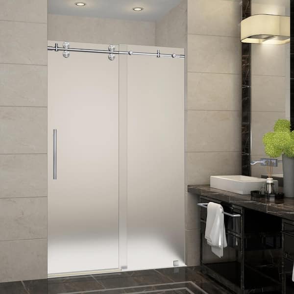 Aston Langham 44 in. to 48 in. x 75 in. Completely Frameless Sliding Shower Door with Frosted Glass in Brushed Stainless Steel