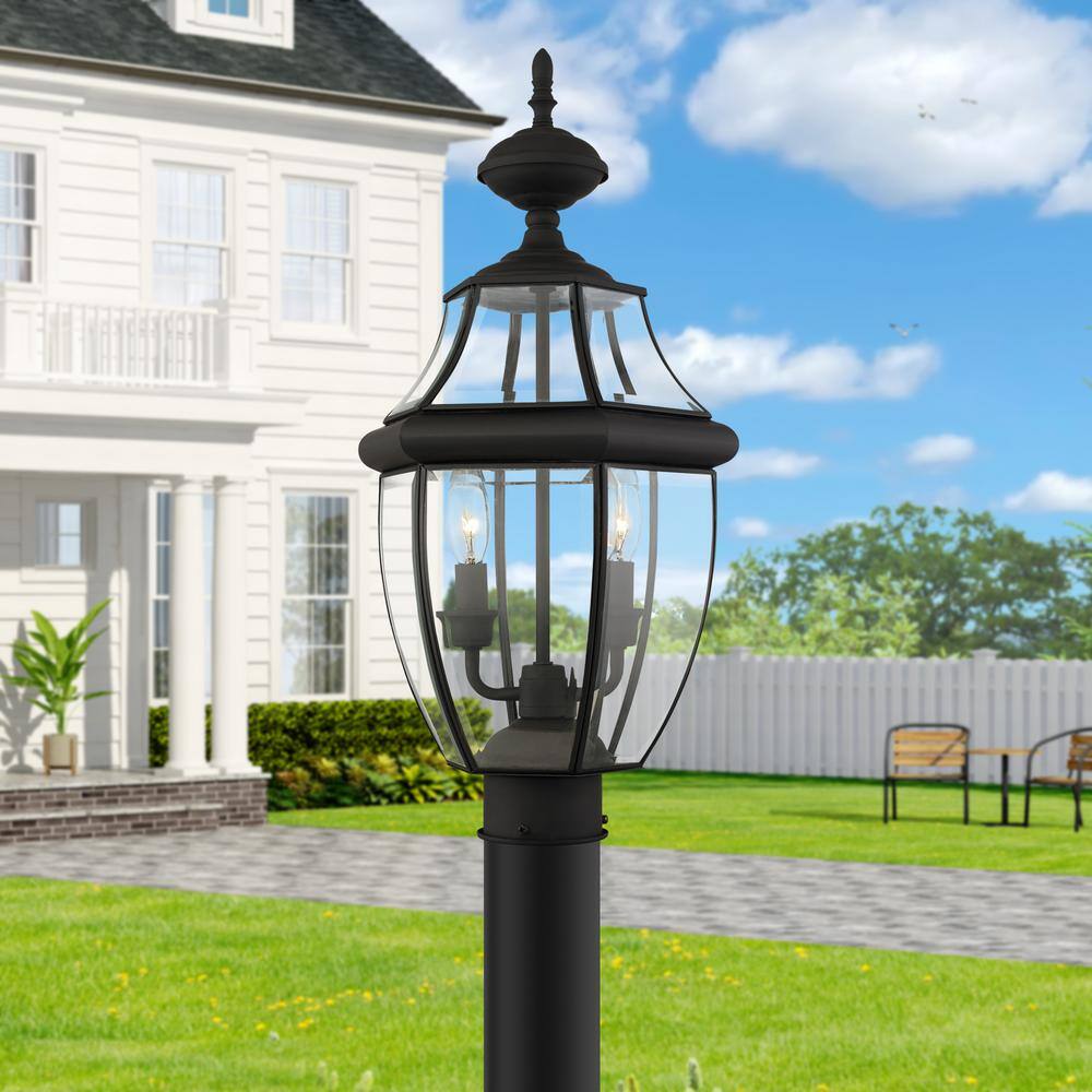 Monterey Elegance 2-Light Black Brass Outdoor Post Lantern with Clear Beveled Glass