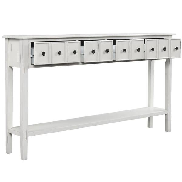 Qualler 60 in. Rectangle Antique White Wood Console Table 2-Different Size Drawers and Bottom Shelf