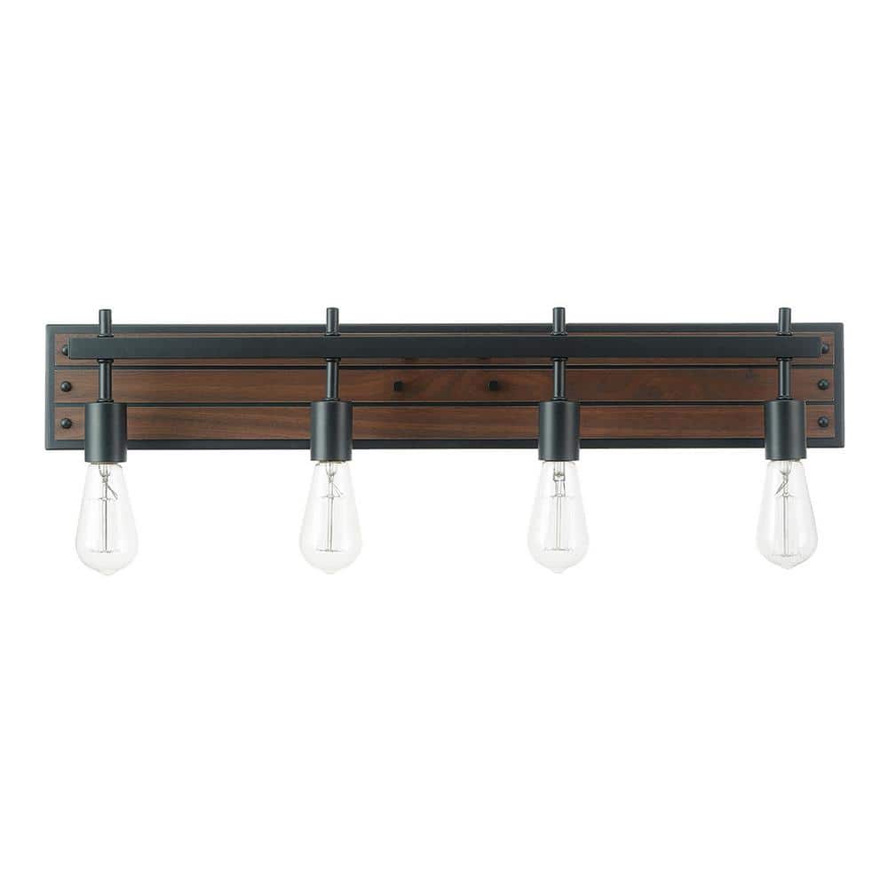 Mackay 30 in. 4-Light Faux Wood Vanity Light with Matte Black Accents