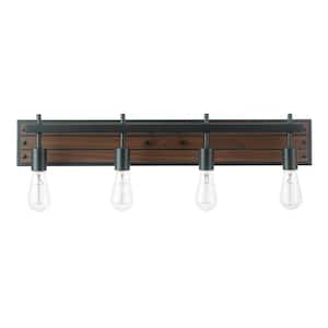 Mackay 30 in. 4-Light Faux Wood Vanity Light with Matte Black Accents