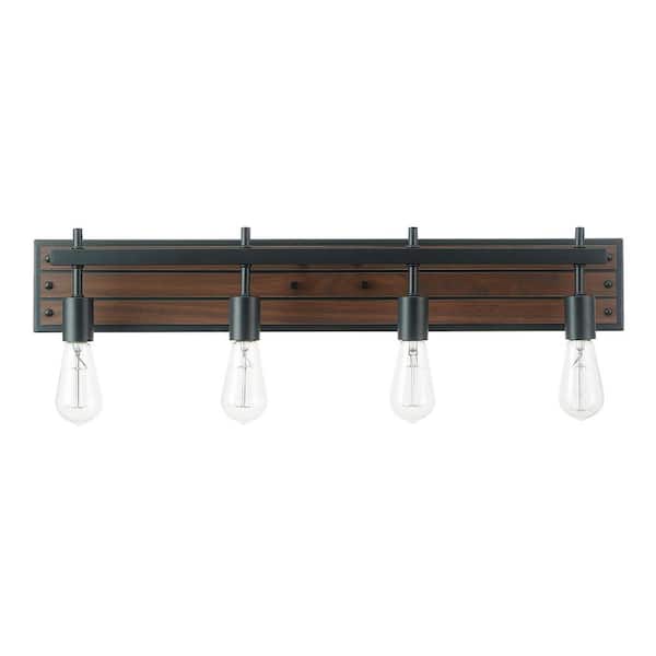 Globe Electric Mackay 30 in. 4-Light Faux Wood Vanity Light with Matte Black Accents