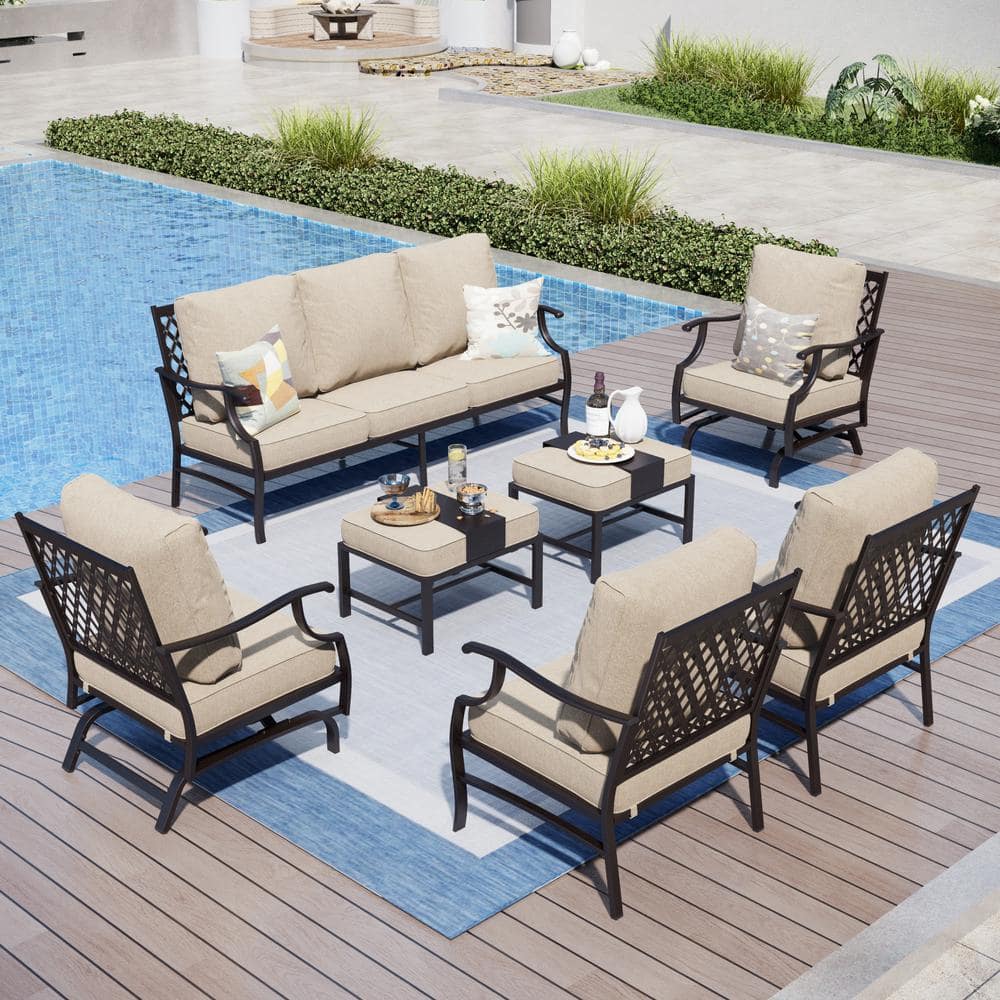 PHI VILLA Black Meshed 9-Seat 7-Piece Metal Outdoor Patio