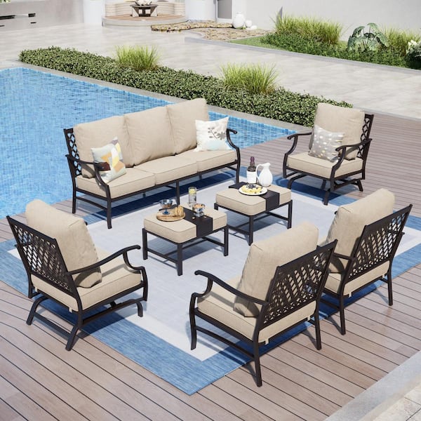 PHI VILLA Black Meshed 9-Seat 7-Piece Metal Outdoor Patio Conversation Set with Beige Cushions,2 Motion Chairs and 2 Ottomans