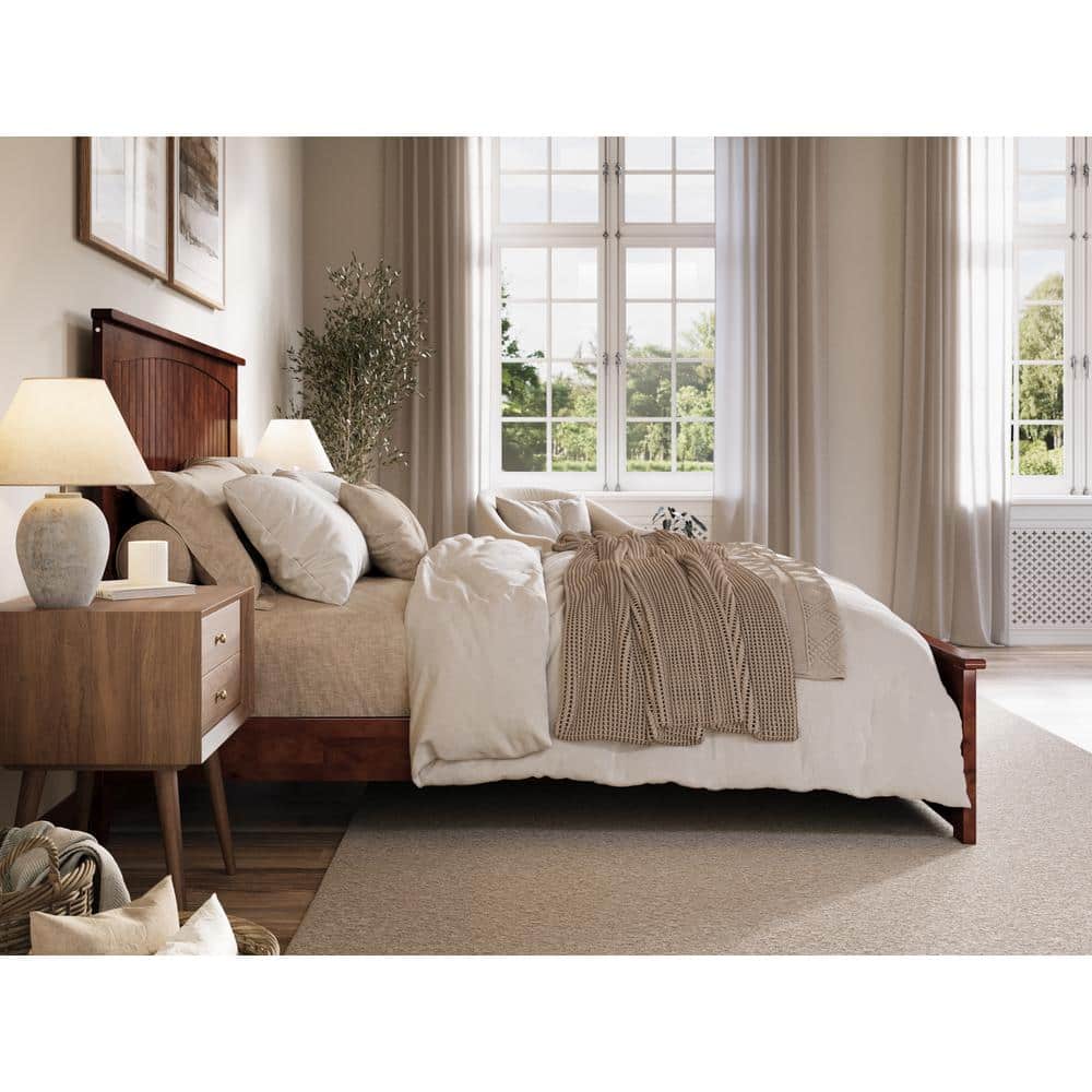 Walnut Queen Solid Wood Low Profile Platform Bed with Headboard and Footboard