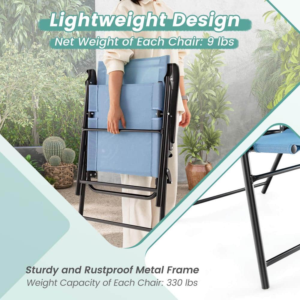 Blue Metal Frame Folding Outdoor Dining Chairs, Set of 2