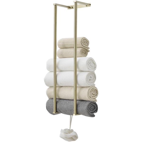 Wall Mounted Bathroom Organizer Bath Towel Holder for Rolled Towels Modern Small Space Bathroom in Brushed Gold
