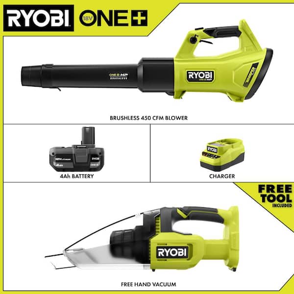 ONE+ HP 18V Brushless 450 CFM Cordless Leaf Blower w/ 4.0 Ah Battery, Charger, & FREE ONE+ 18V Cordless Handheld Vacuum