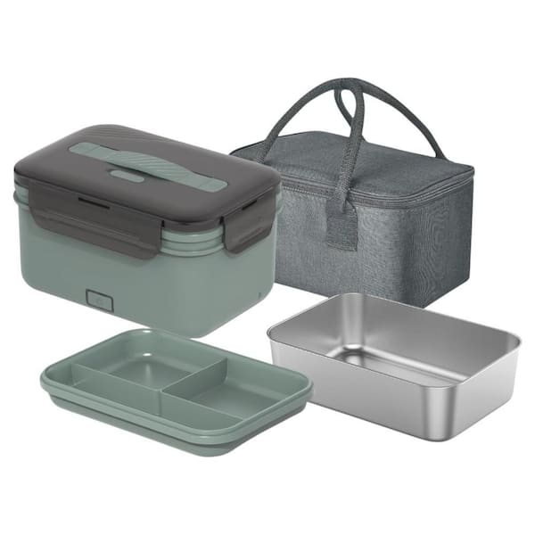 4-in-1 Gray Electric Lunch Box Food Heater, 100W Ultra Quick Portable Food Warmer with Fork, Spoon & Carry Bag