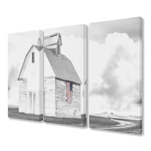 16 in. x 24 in. "White Barn with American Flag Black and Grey" by Milli Villa Canvas Wall Art (3-Piece)
