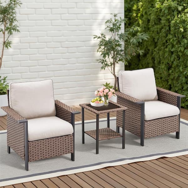 Buenaola Nyajiah 3-Piece Wicker Patio Conversation Set with Beige Cushions