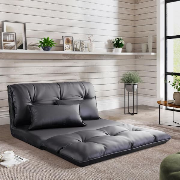 Harper & Bright Designs Sofa Bed Black PU Adjustable Folding Futon with 2-Pillows