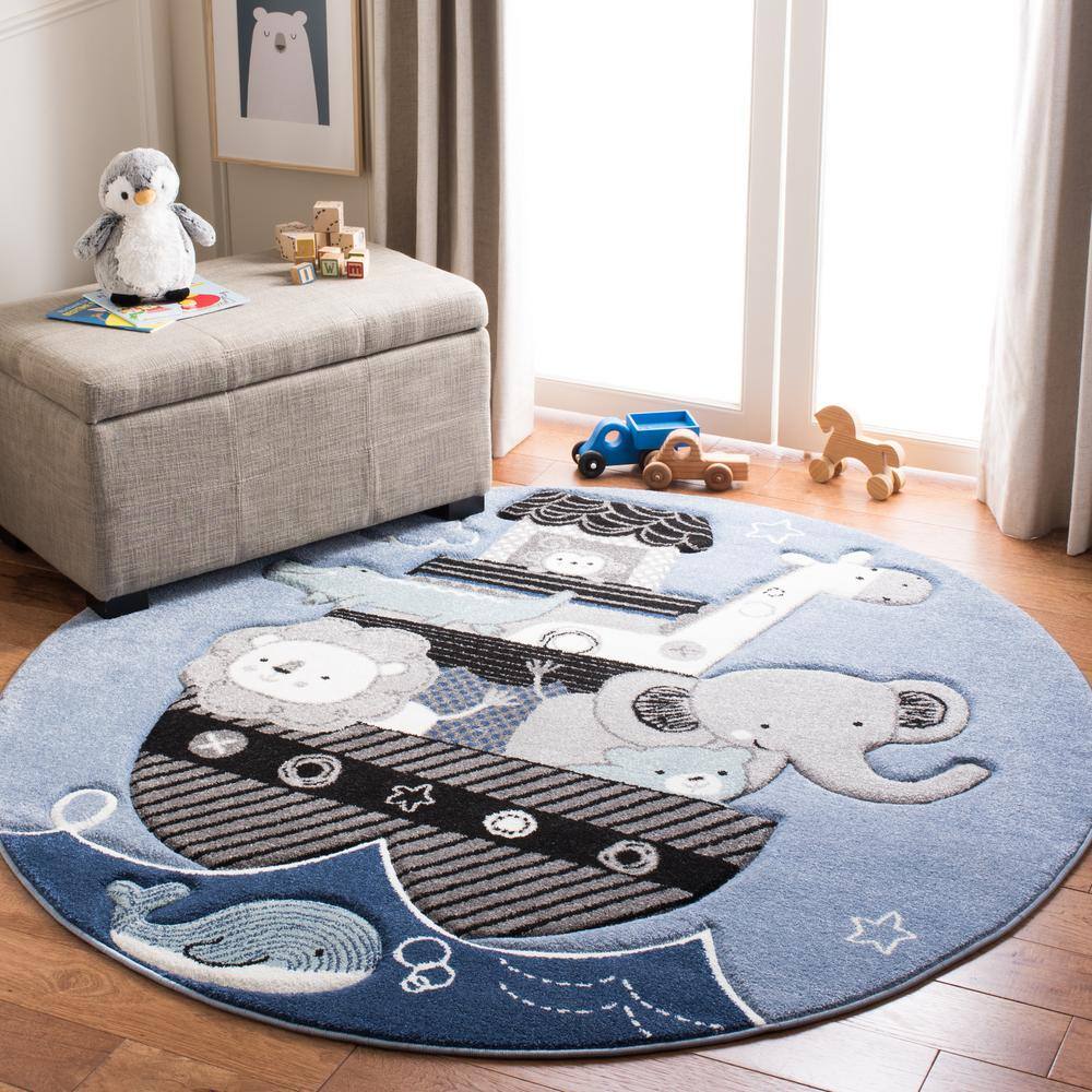 Blue Round Kids' Animal Adventure Synthetic Rug, 3' x 3'