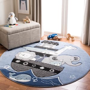 Carousel Kids Blue/Gray Doormat 3 ft. x 3 ft. Animal Print Round Area Rug