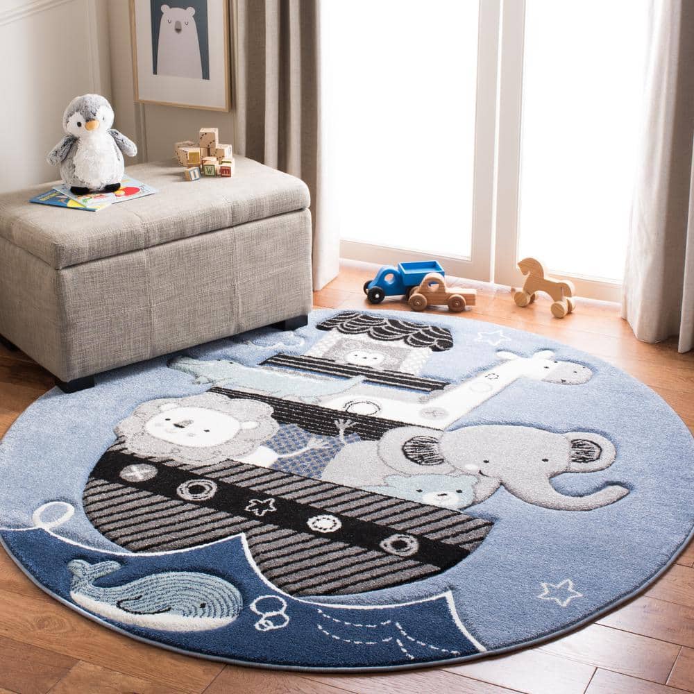 Carousel Kids Blue Round Synthetic Area Rug, 5'3"