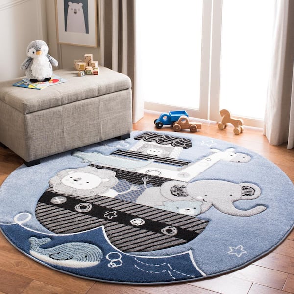 Carousel Kids Blue/Gray 5 ft. x 5 ft. Round Animal Print Area Rug