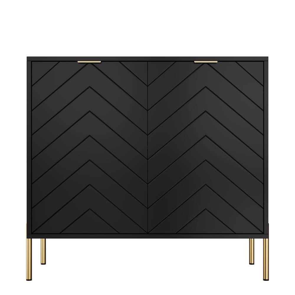 Black Chevron Pattern 2-Door Media Accent Cabinet with Gold Legs