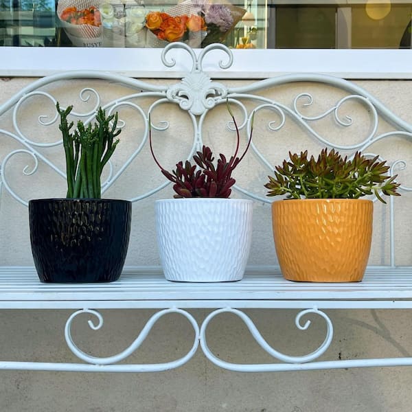 Modern 6 in. Dia White/Black/Orange Round Polystone Planter