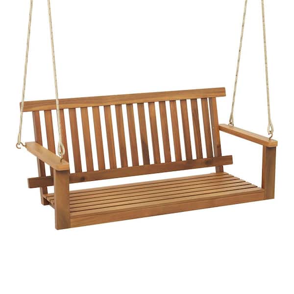 Costway 2-Person Acacia Wood Porch Swing Bench Chair with 2 Hanging Hemp Ropes for Backyard