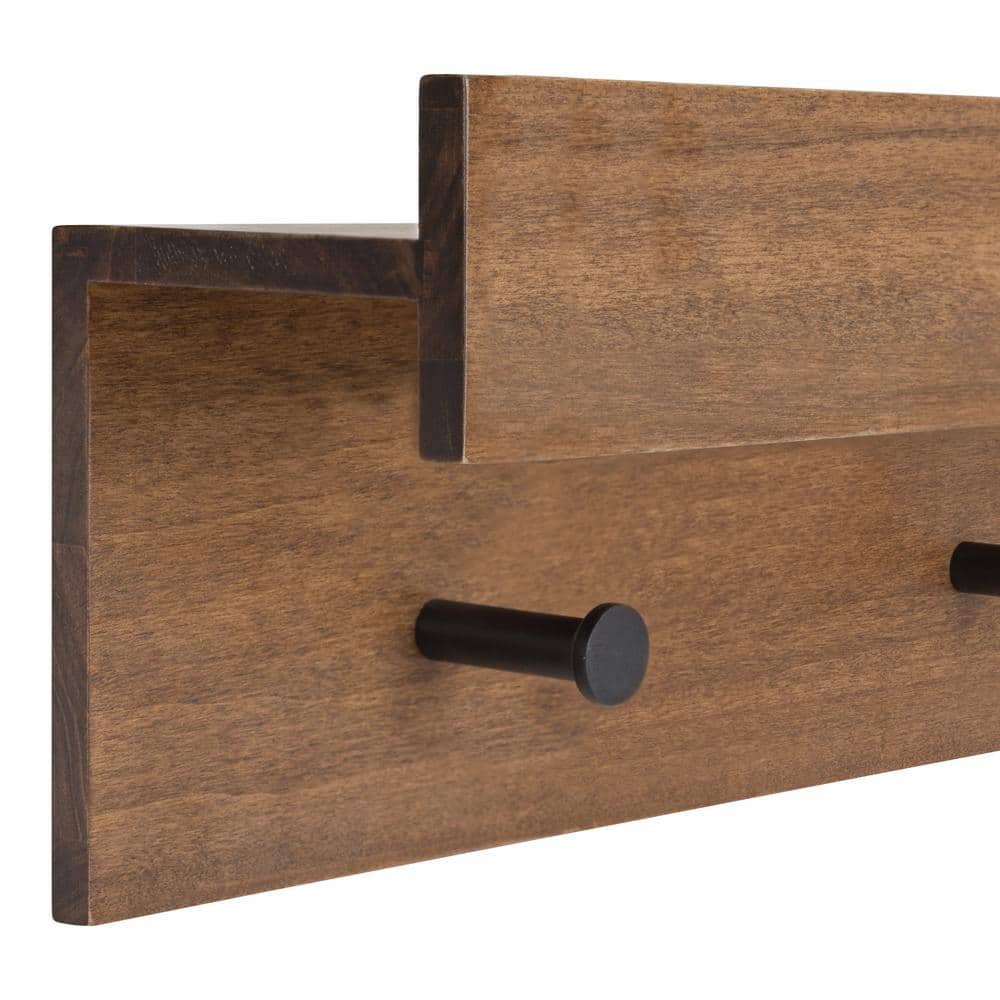 Natural Wood Wall Shelf with 4 Black Knobs