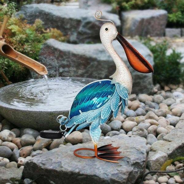 MOEPISY 19 in. Solar Metal and Glass Blue Pelican Statues Garden