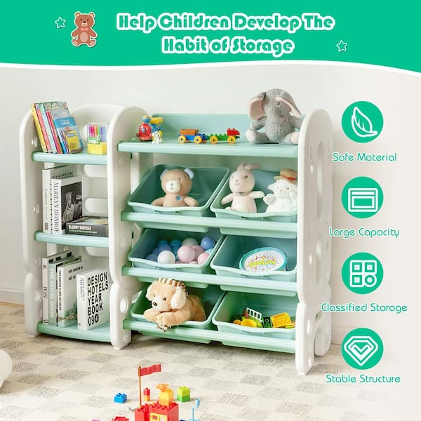 Qaba Childrens Toy Storage & Bin Organizer with 3 Separate Shelving  Sections 7 Shelves & 6 Removeable Bins Green Kids Organization Rack w/  Individual Removable