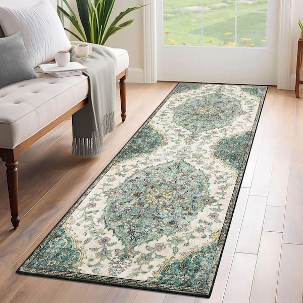 Vintage Printed Rug Low Pile Non-Slip Thin Carpet Living Room Decorative Carpet for Bedroom Kitchen Office Green，2X6ft