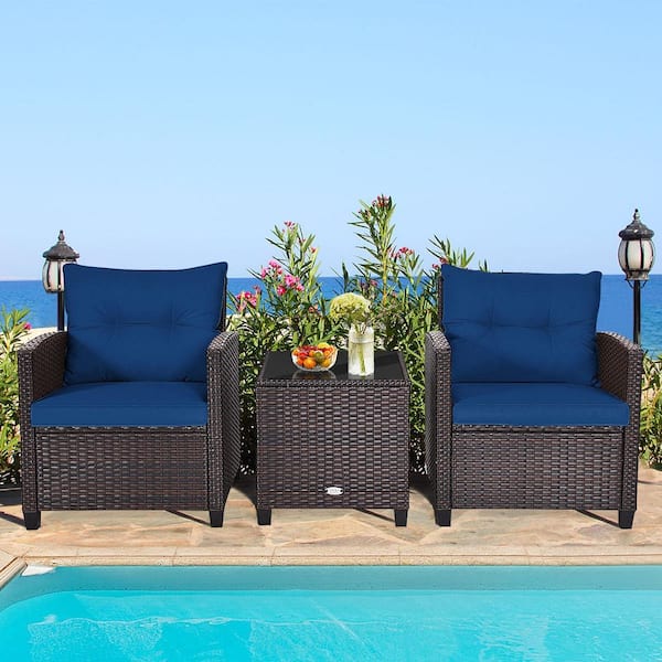 Brown 3-Pieces Wicker Patio Conversation Set Outdoor Rattan Furniture with Navy Cushions