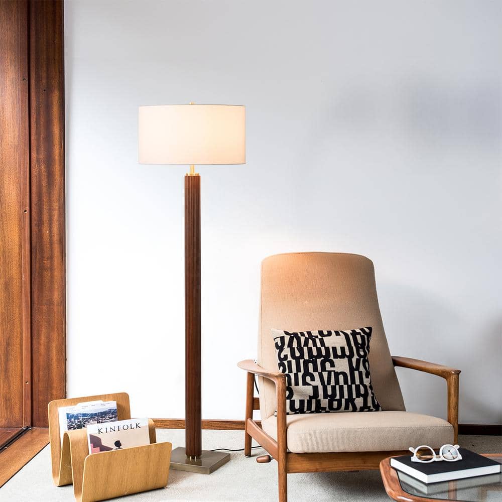 Dark Walnut and Brass Floor Lamp with White Linen Shade