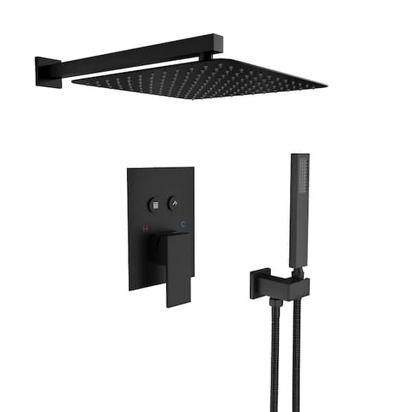 2-Spray Square 12 in. Dual Shower Head Wall Mount Fixed and Handheld Shower Head 1.8 GPM in Matte Black Valve Included