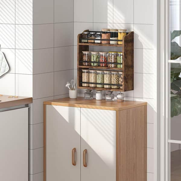 Rustic Brown 3 Tier Wood Spice Rack Organizer Vertical Hanging Shelf for Countertop Wall Kitchen Pantry Cabinet