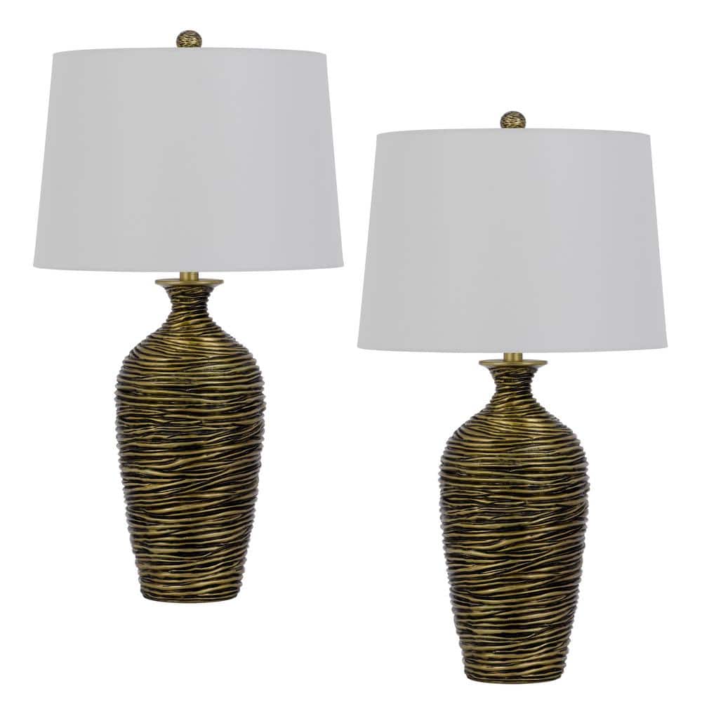 Antique Bronze 3-Way Resin Table Lamp Set with Fabric Shades