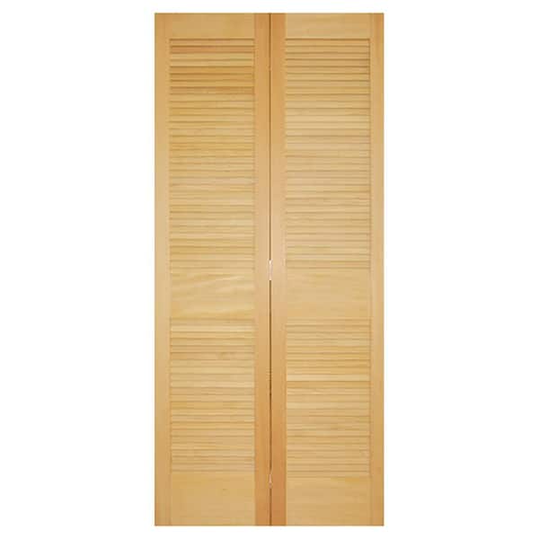 Builders Choice 28 in. x 80 in. Louver/Louver Solid Core Unfinished Pine Wood Interior Bifold Door with Hardware