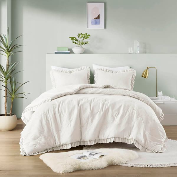 510 Design Phoebe 3-Piece Ivory Microfiber King/Cal King Diamond Quilted Ruffle Edge Comforter Set