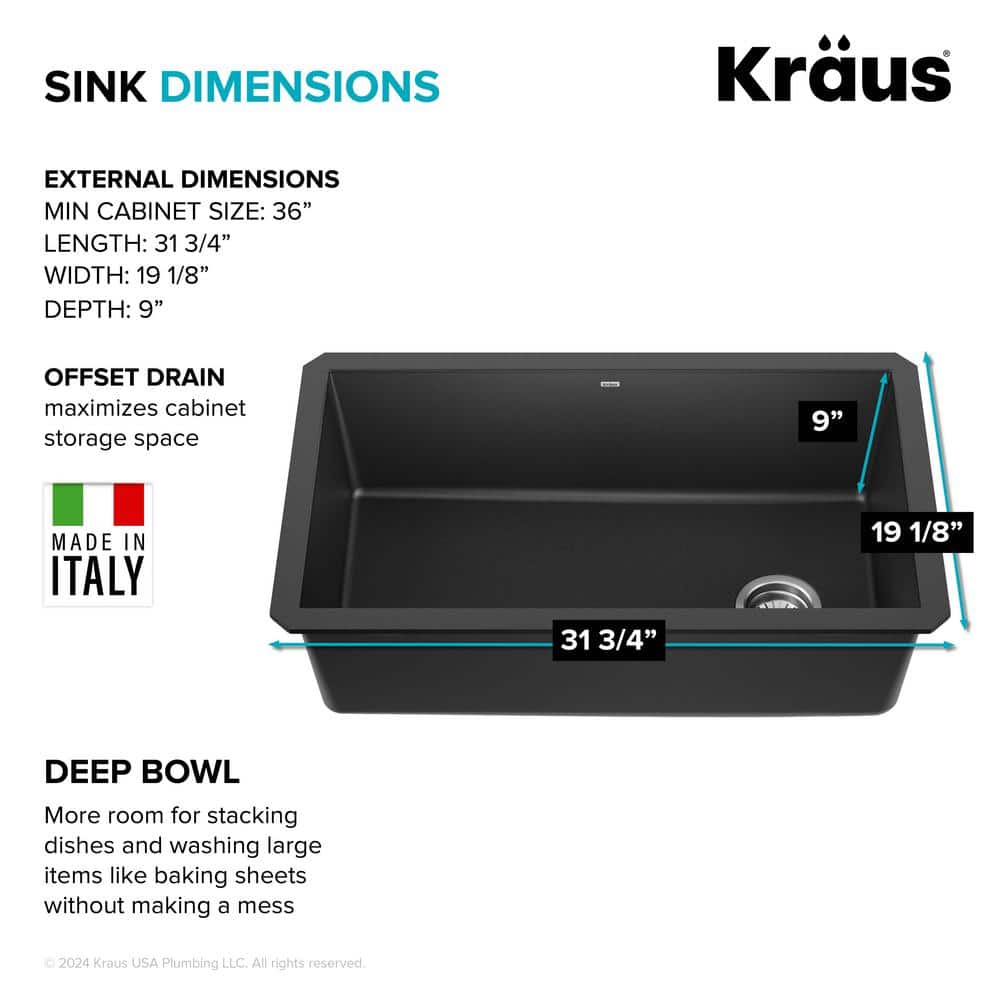 32-Inch Black Granite Undermount Single Bowl Kitchen Sink