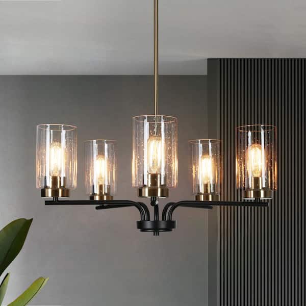 Modern 24 in. 5-Light Black Pendant Island Light, Adjustable Brass Gold Chandelier with Seeded Glass for Dining Room