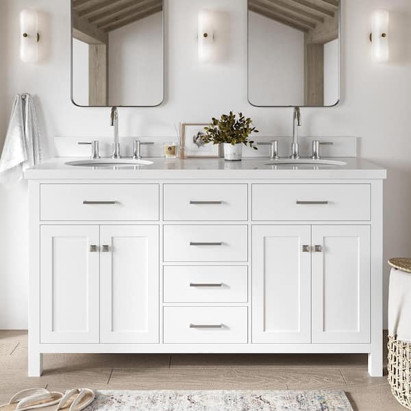 ARIEL Bristol 61 in. W x 22 in. D x 36 in. H Double Freestanding Bath Vanity in White with Pure White Quartz Top