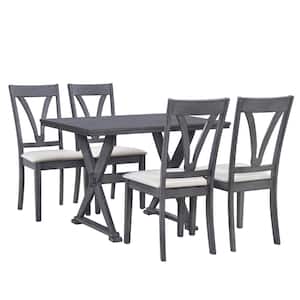 5-Piece Grey Wood Top Kitchen Dining Table Set Dining Room Table and 4-Upholstered Chairs