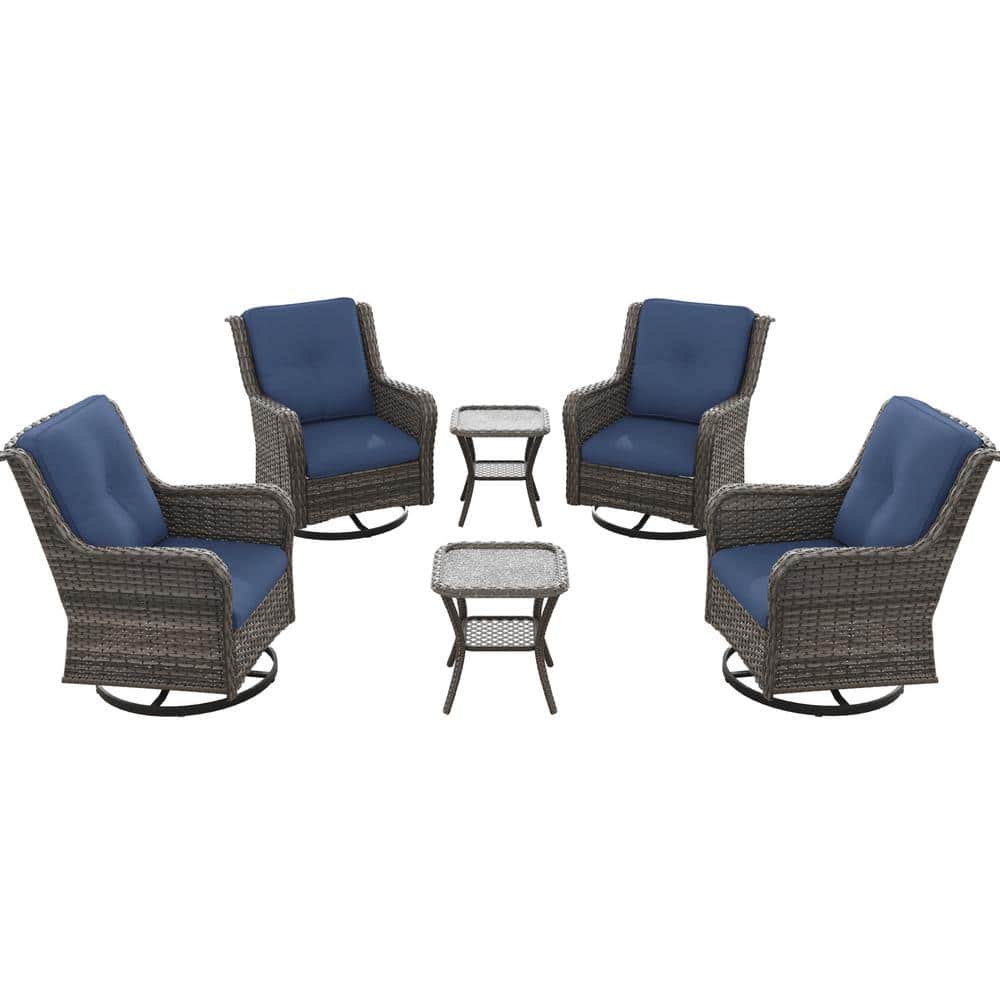 Blue Cushioned 4-Person Steel Wicker Patio Set with Swivel Rocking Chairs
