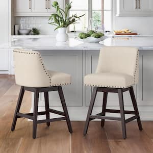 26 in. Wood 360° Free Swivel Upholstered Bar Stool with Back, Performance Fabric in Linen (Set of 2)