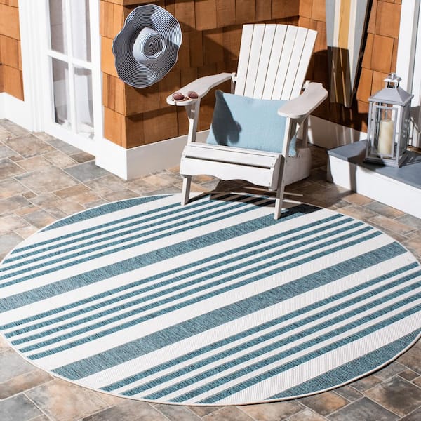 Courtyard Ivory/Teal 7 ft. x 7 ft. Geometric Striped Indoor/Outdoor Round Area Rug