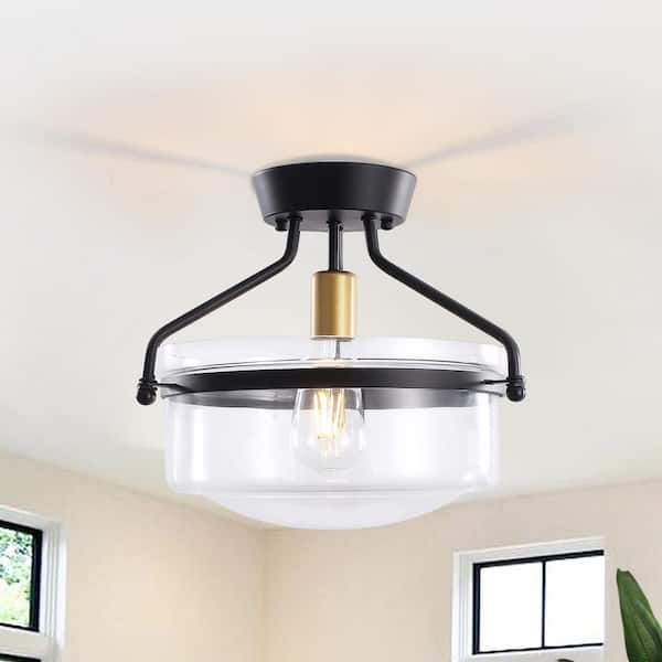 13.3 in. 1-Light Black Modern Semi-Flush Mount Ceiling Light with Glass Shade