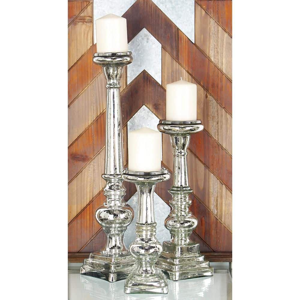 Elegant Silver Glass Candle Lantern Set of 3 - 11" Height