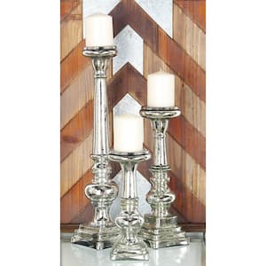Silver Glass Handmade Turned Style Pillar Candle Holder (Set of 3)