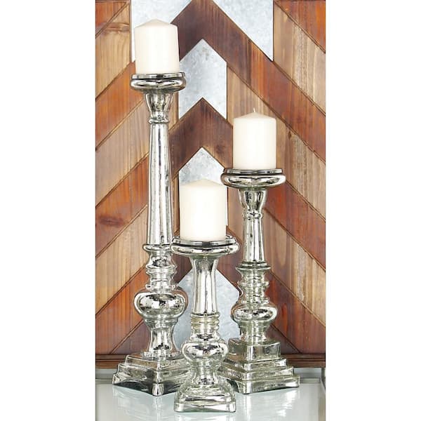 Litton Lane Silver Glass Handmade Turned Style Pillar Candle Holder (Set of 3)